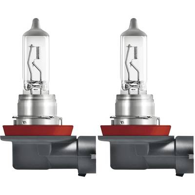 Twee halogeenlampen naast elkaar, beide met een zilveren fitting en een rode voet, geschikt voor autokoplampen.