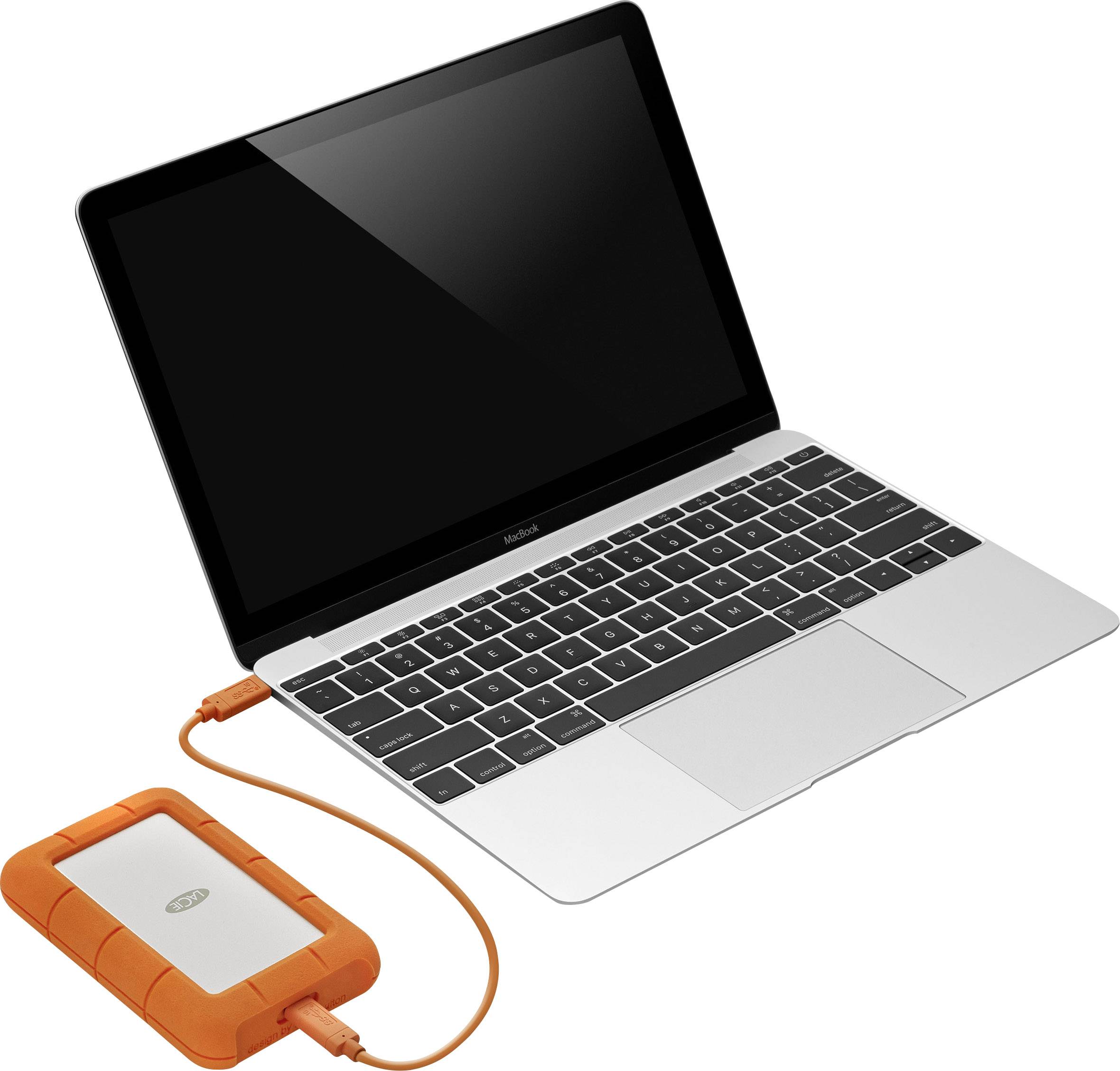 Een laptop met een extern apparaat aangesloten via een oranje kabel.