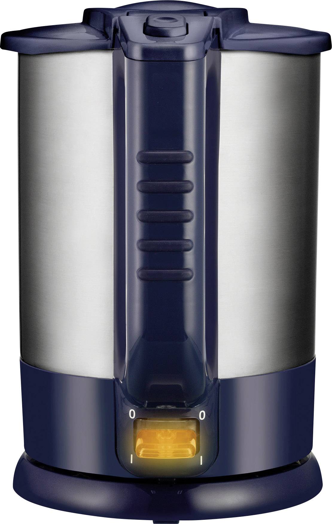 Roestvrije elektrische waterkoker met zwarte handgreep en blauwe voet. Voorkant toont controlelampje en aan/uit-schakelaar.