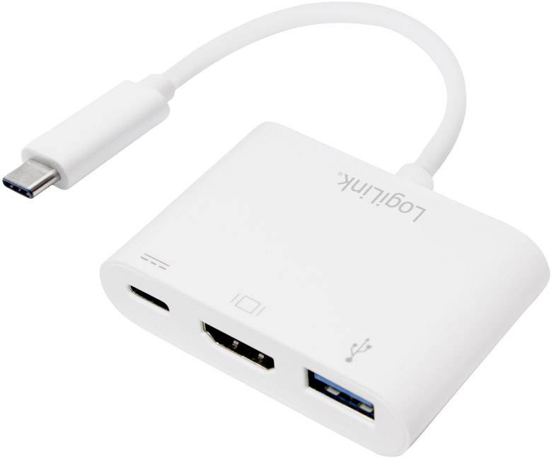 Een witte USB-C-adapter van LogiLink met aansluitingen voor USB, HDMI en USB-C, geschikt voor het verbinden van apparaten met verschillende interfaces.