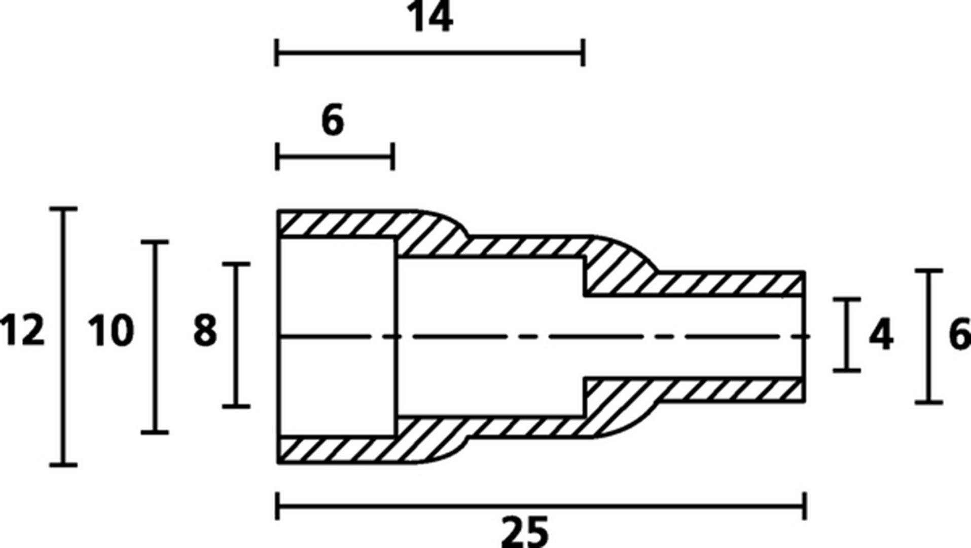 Technische tekening van een cilindrische adapter met afmetingen: totale lengte 25, breedte 12, verschillende secties 6, 8, 10, 14.