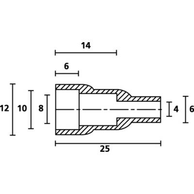 Technische tekening van een cilindrische adapter met afmetingen: totale lengte 25, breedte 12, verschillende secties 6, 8, 10, 14.