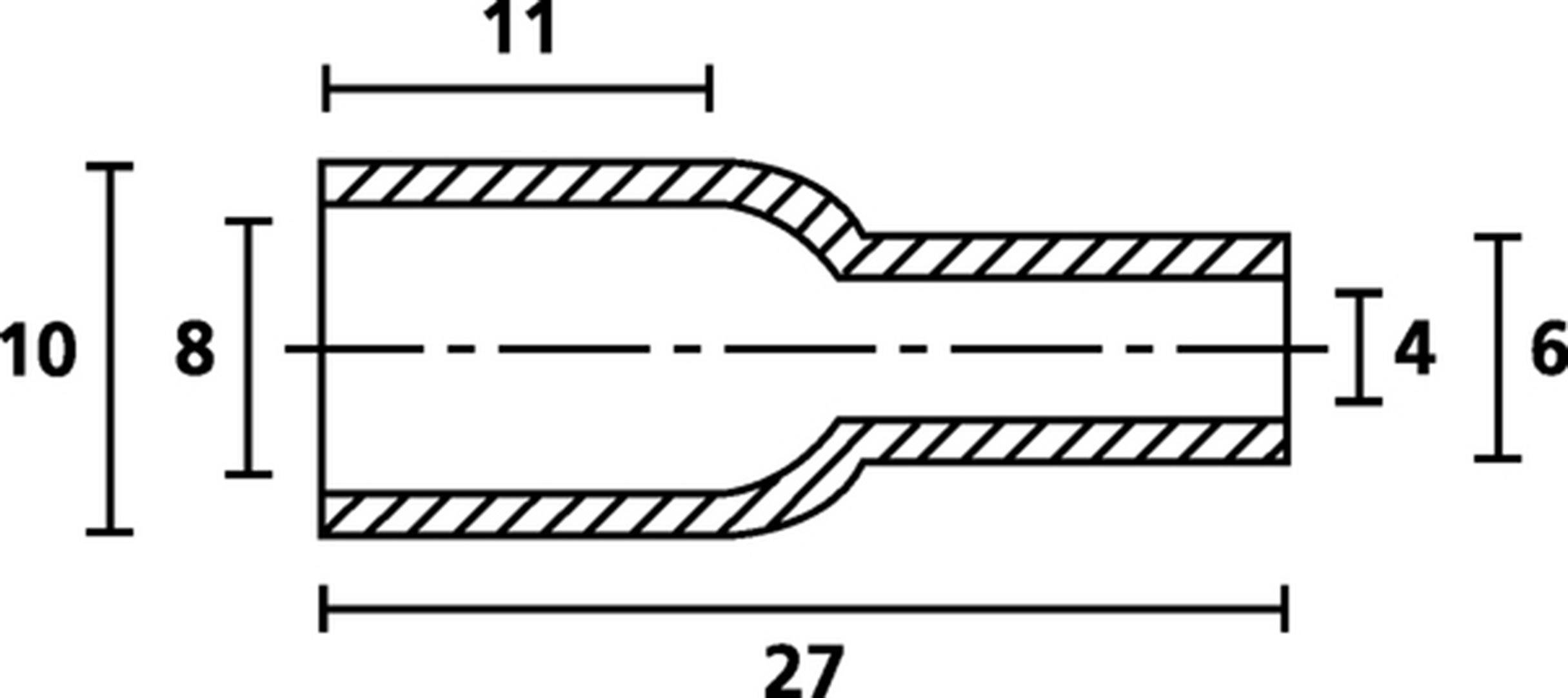Doorsnede van een cilindrisch object met afmetingen: lengte 27, breedte 10, binnenwijdte 8, en voorste diameter 6.