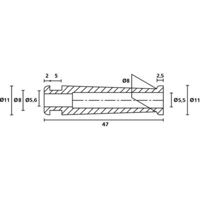 Technische tekening van een conische bus met lengteaanduidingen: Diameter varieert van 8 mm tot 11 mm, totale lengte 47 mm.