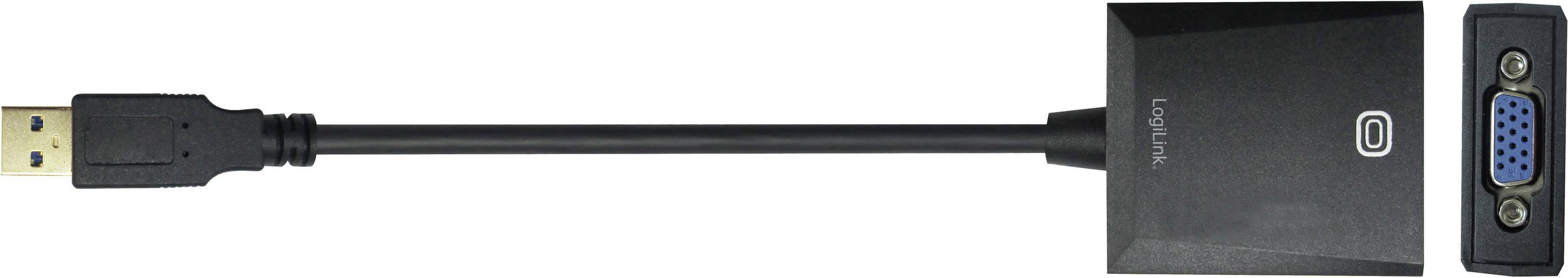 USB-naar-VGA-adapter, zwart kabel. USB-aansluiting links, VGA-aansluiting rechts. Verbindt apparaten met verschillende interfaces.