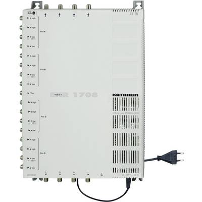 Multischakelaar met 16 ingangen en stroomaansluiting van Kathrein, model ER 1708, geschikt voor satellietinstallaties.
