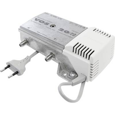 Elektronische versterker met dubbele coaxiale aansluitingen en stroomkabel. Geschikt voor het versterken van televisiesignalen.