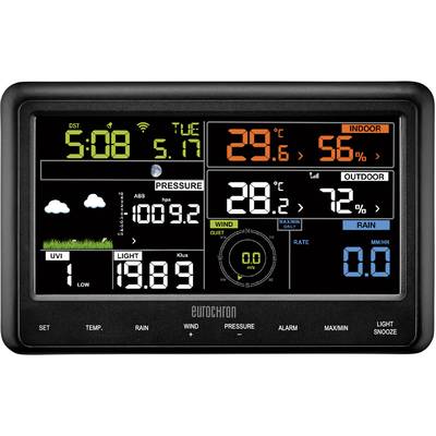 Digitaal weerstation display met tijd, datum, binnen- en buitentemperatuur, luchtvochtigheid, luchtdruk, windsnelheid, UV-index en hoeveelheid neerslag.