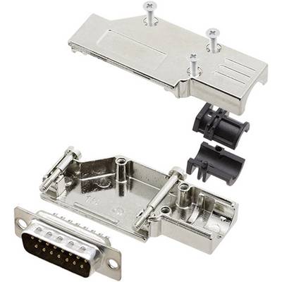Metalen afdekplaten en kunststof componenten voor een D-Sub-connector, schroeven bevestigen de behuizing, connector onderaan zichtbaar.