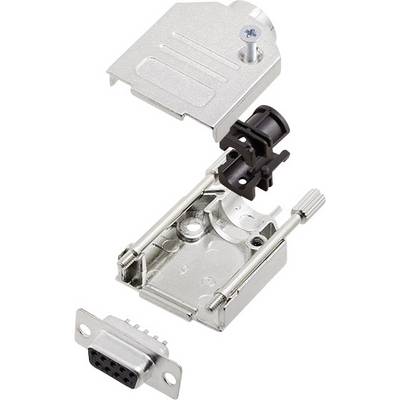 Metalen connector-behuizing met verwijderde boven- en onderdelen, toont interne componenten en aansluitingen in een explosietekening.