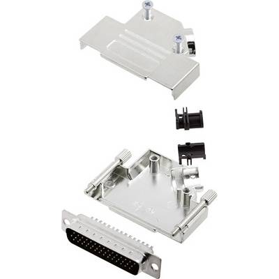 Explosietekening van een D-Sub-connector met metalen behuizing en schroeven, weergegeven in drie afzonderlijke onderdelen: behuizing, huls en stekker.