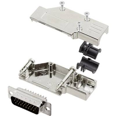 Metalen behuizing voor een D-Sub-connector, bestaande uit twee helften, schroeven en kunststof kabelklemmen.