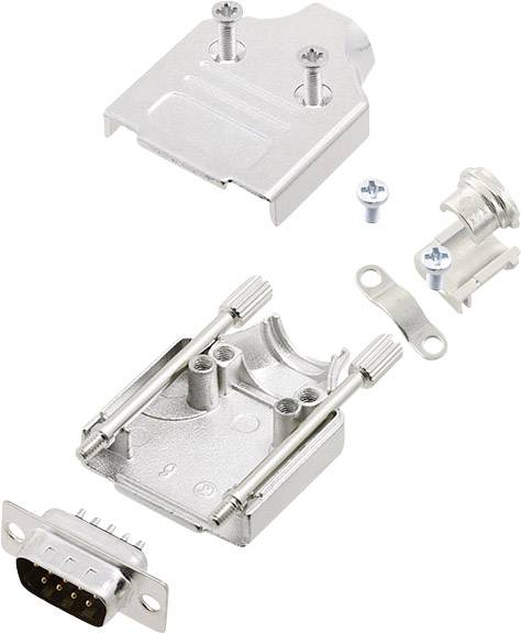 Metalen stekkerbehuizing in onderdelen, toont bovenste en onderste schaal, schroeven, een kabelklem en een D-Sub-connector.