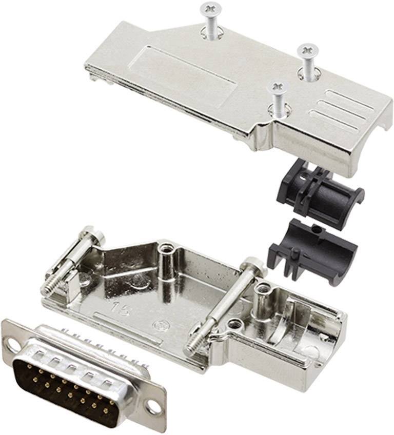 Meeraderige zilveren D-Sub-connector met metalen behuizing en schroeven, ontworpen voor elektrische verbindingen, voorzien van twee zwarte bekabelingsklemmen.