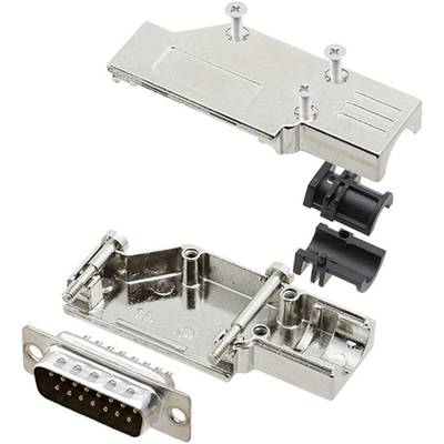 Meeraderige zilveren D-Sub-connector met metalen behuizing en schroeven, ontworpen voor elektrische verbindingen, voorzien van twee zwarte bekabelingsklemmen.