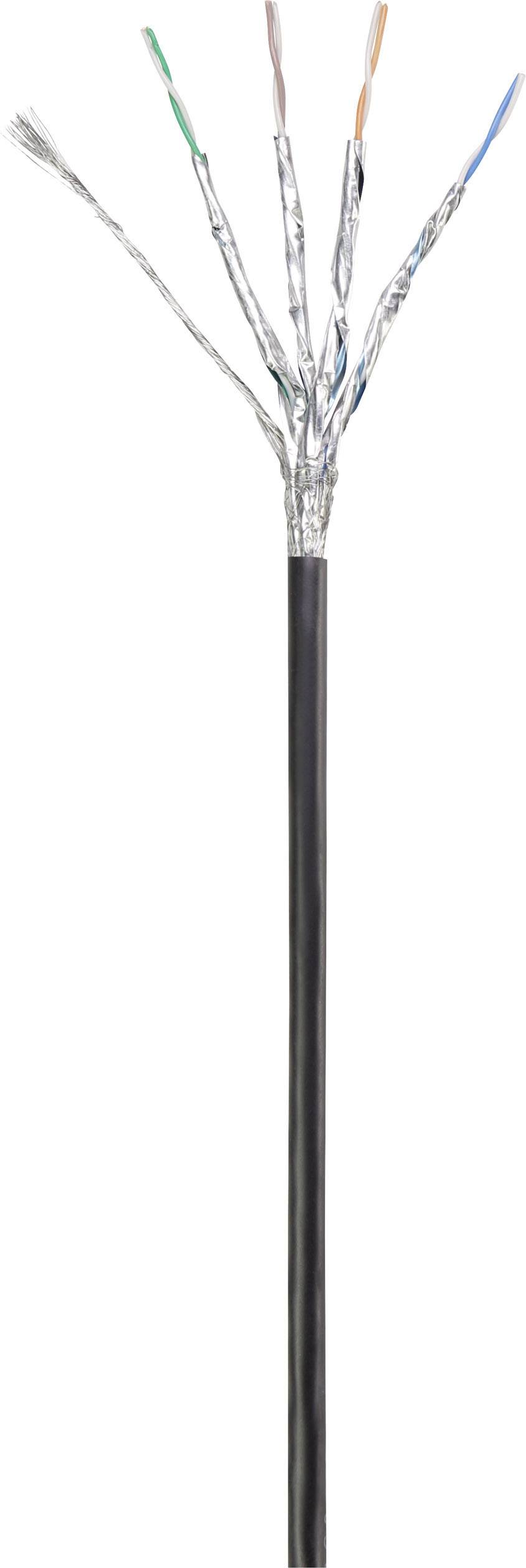 Meeraderige kabel met blootliggende, verschillende gekleurde aders en gevlochten afscherming, geschikt voor netwerkverbindingen.