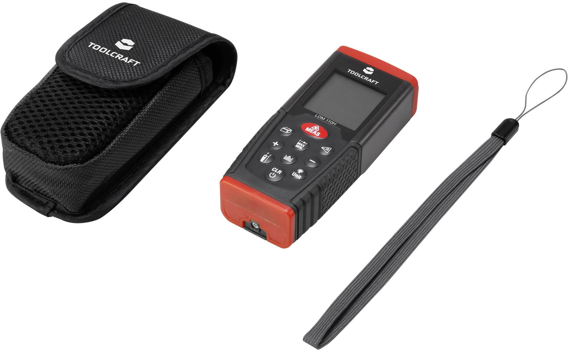Digitale afstandsmeter met zwarte tas en draagriem. Compact en met rood en zwart design voor bouwprojecten.
