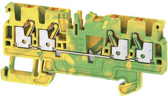 Geel-groene aansluitklem met metalen elementen voor elektrische verbinding. Ideaal voor industriële toepassingen voor kabelvastzegging.