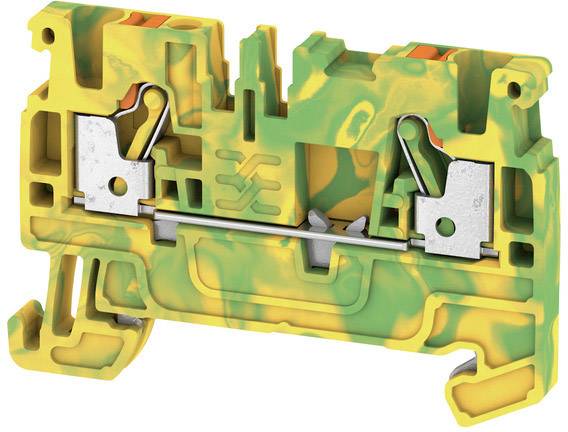 Een groen-geel gemarmerde kunststofklem met metalen onderdelen voor elektrische verbinding. Hij beschikt over een hefboomconstructie.