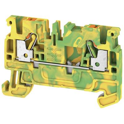 Een groen-geel gemarmerde kunststofklem met metalen onderdelen voor elektrische verbinding. Hij beschikt over een hefboomconstructie.