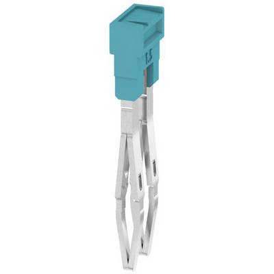 Een zilveren elektrische stekker met twee platte pinnen en een turquoise plastic behuizing. Gebruikt voor elektrische verbindingen.