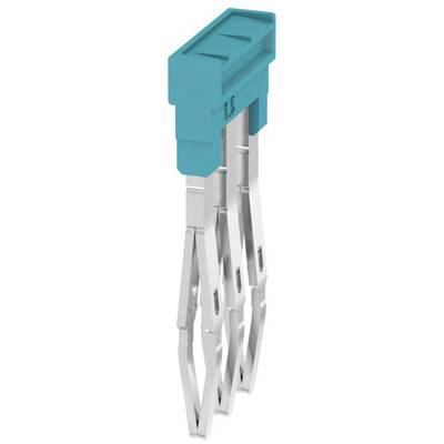 Een blauwe stekker met drie metalen contacten. Geschikt voor elektronische verbinding van apparaten of schakelingen.