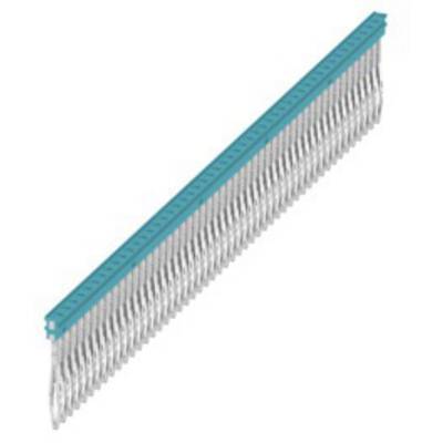 Een lange, smalle rij zilveren connectoren met een blauwe behuizing die kunnen worden gebruikt in elektronische apparaten.