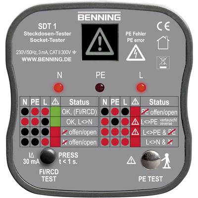 'Benning SDT 1 Stopcontact-tester' met LED-indicatoren voor de statuscontrole van PE, L en N. Toont fouten en de correcte aansluitstatus aan.