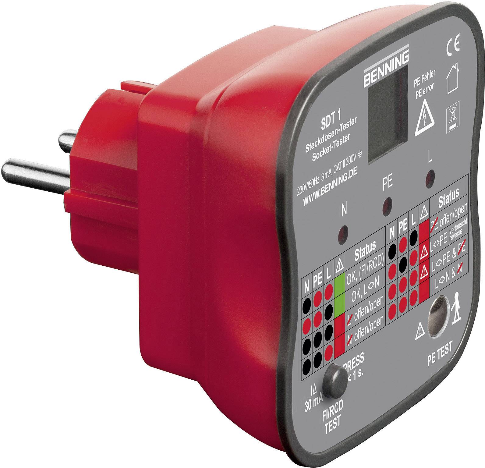 Een rood stopcontacttester-apparaat met indicatielampjes voor het controleren van elektrische leidingen op veiligheid en functionaliteit.