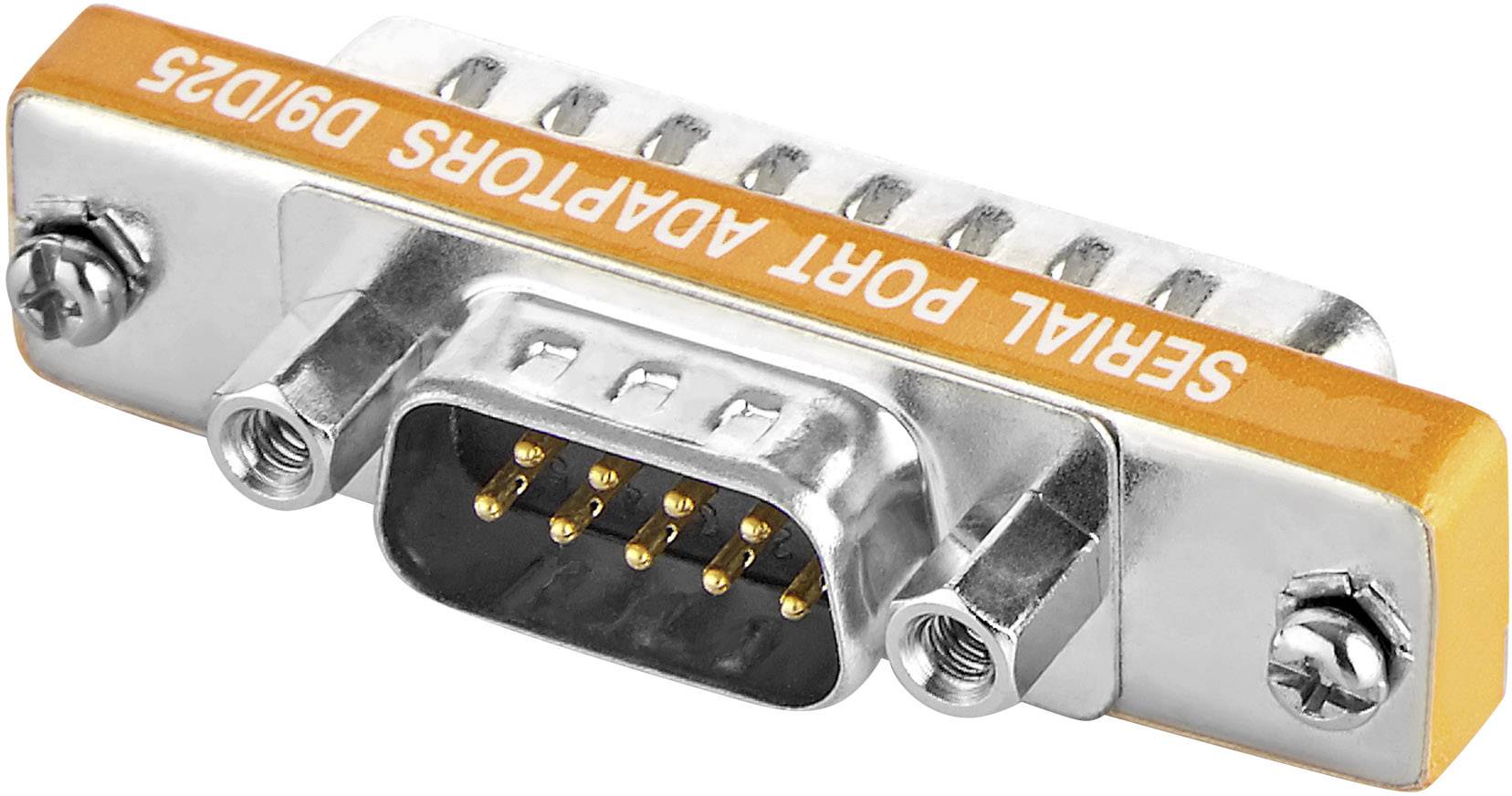 Een seriële poortadapterkoppeling met een vrouwelijke 9-pins D-Sub-aansluiting, gemarkeerd als 'Serial Port Adapter DB9/25'.
