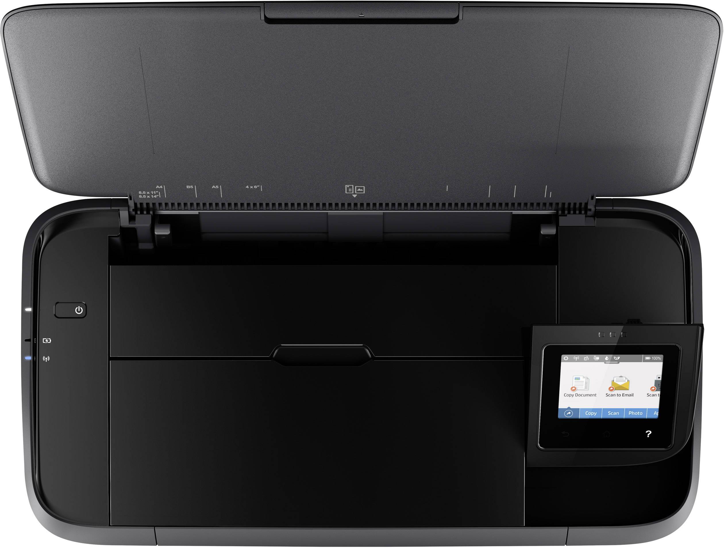 Een zwarte printer met een open scannerdeksel en een touchscreen-display dat afdrulopties weergeeft.