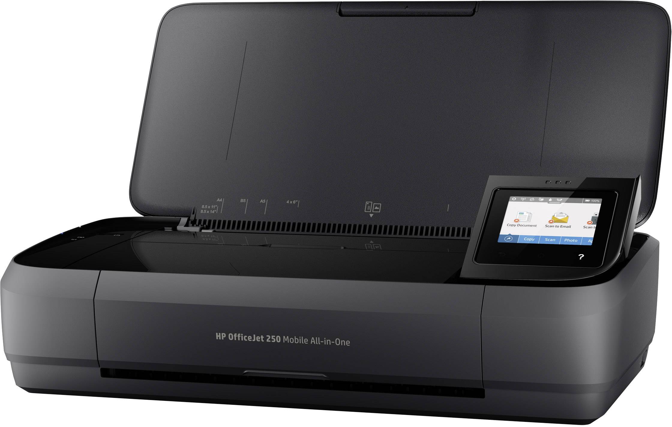Een zwarte, mobiele all-in-one printer met geopende deksel en een klein touchscreen voor bediening.