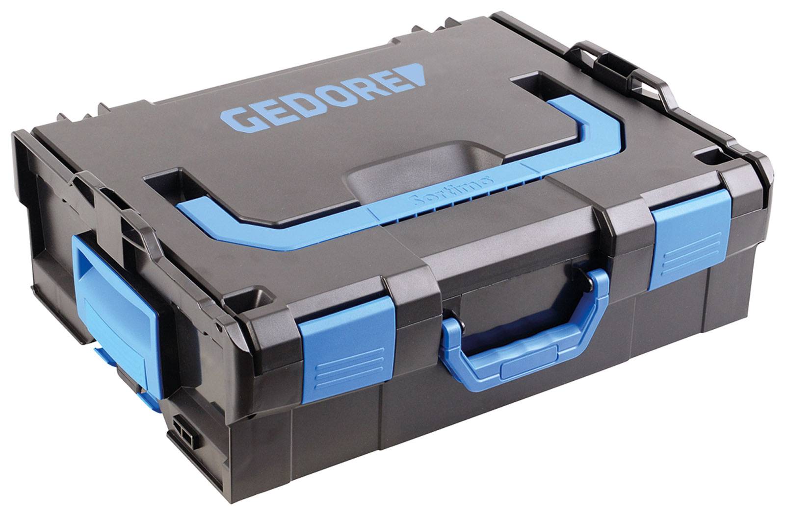 Zwarte gereedschapskoffer met blauwe handgrepen en sluitingen, opschrift 'Gedore' op het deksel.