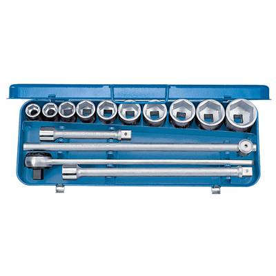 Een blauwe gereedschapskist met twaalf dopsleutels en vier hefbomen, die worden gebruikt voor mechanische werkzaamheden.
