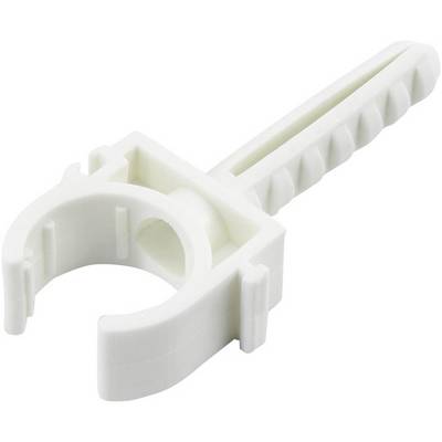 Een witte kunststof buisklem met een ronde clip en een lange bevestigingspen, gebruikt voor het vastzetten van buizen aan muren.