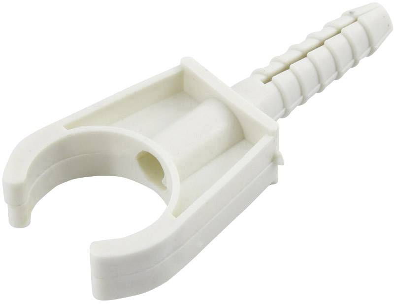 Kunststof beugel met plug voor stabiele bevestiging van buizen aan muren, wit, ergonomisch vormgegeven.