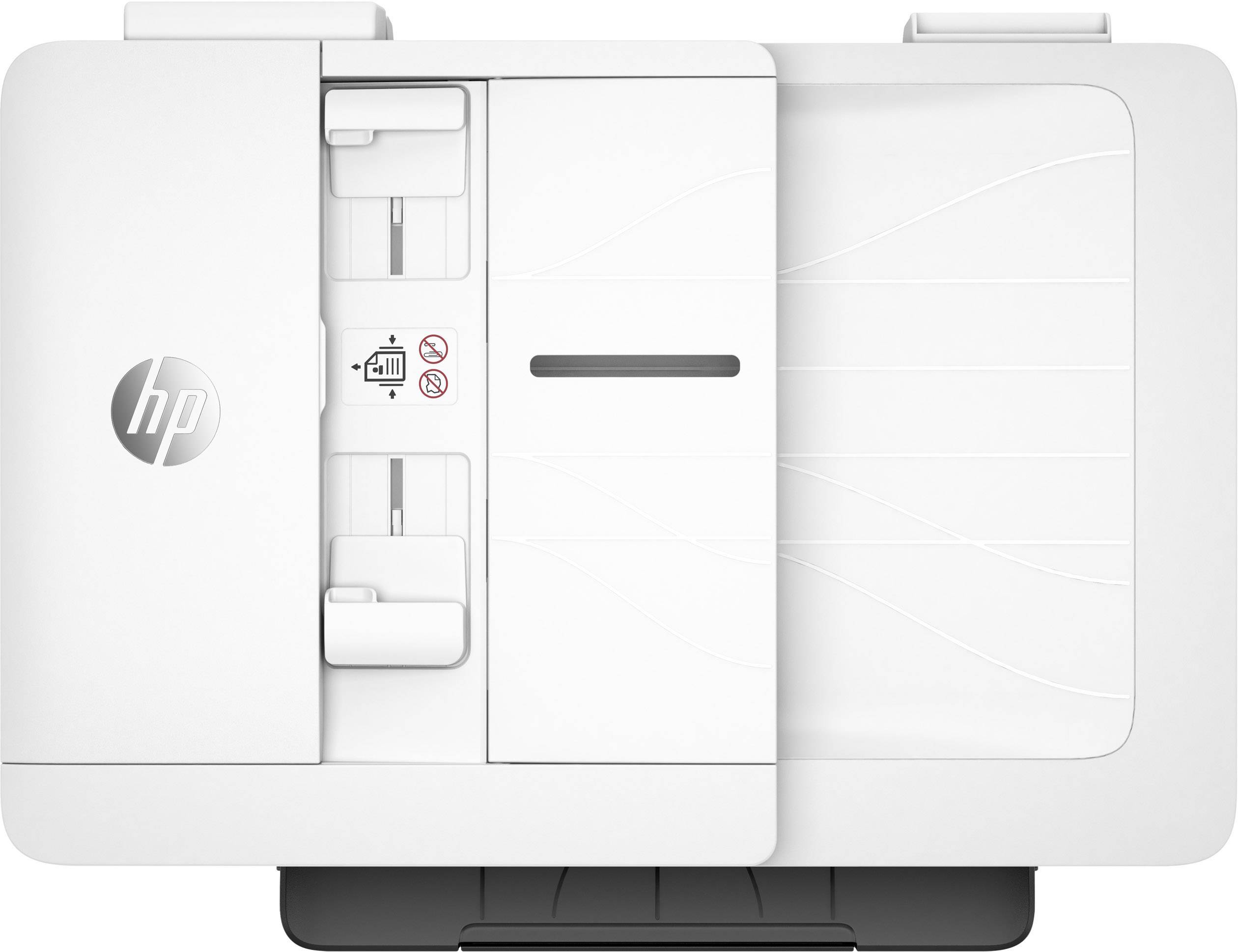 Witte printer met HP-logo, invoerlade aan de bovenkant, geschikt voor efficiënt printen in kantoor- of thuisomgevingen.