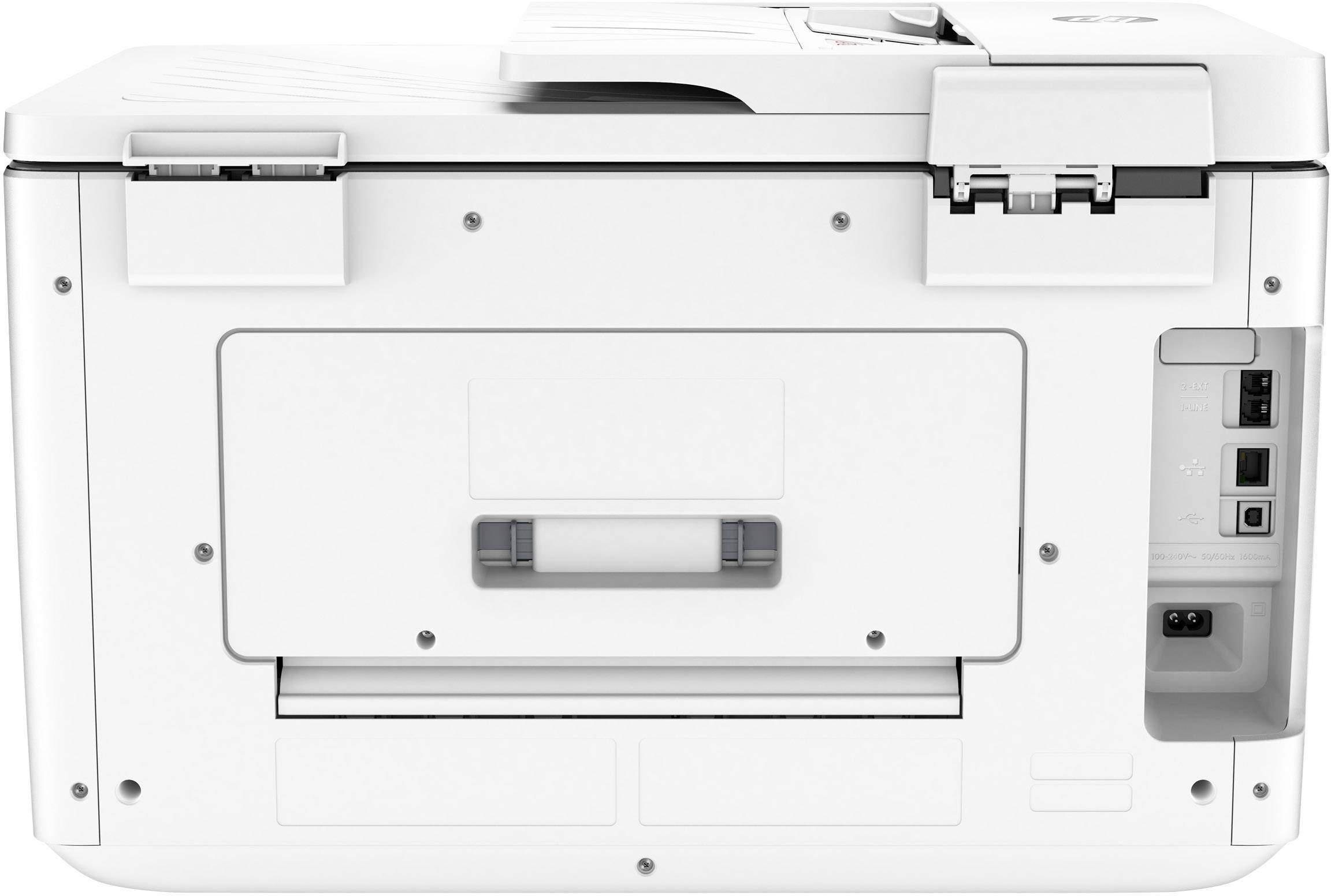 Achteraanzicht van een witte multifunctionele printer met meerdere aansluitingen aan de rechterkant, geschikt voor gebruik op kantoor en thuis.