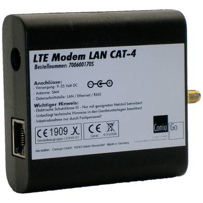 Zwart LTE-modem met LAN CAT-4. Beschikt over aansluitingen voor 9-35 V DC en Ethernet. Bevat veiligheids- en netwerkinformatie.