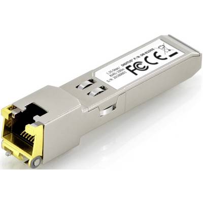 Een SFP-module voor netwerkverbindingen, van metaal met een RJ45-aansluiting, toont een etiket met specificaties en certificeringen.