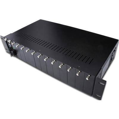 Een zwart, rechthoekig rackbehuizing met meerdere insteeksleuven die geschikt zijn voor netwerk- of telecommunicatieapparatuur.