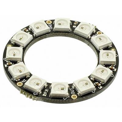 Een ronde LED-ring met 12 individueel adresseerbare RGB-LED's op een zwart printplaatje. Geschikt voor verlichtingsprojecten.