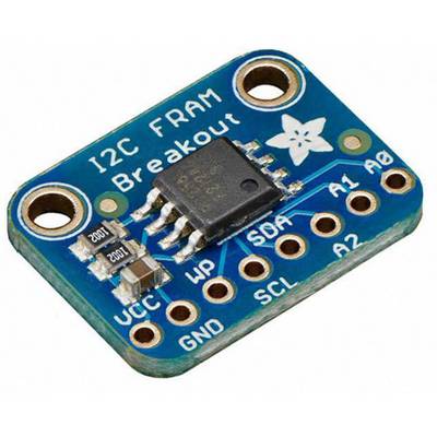 'I2C FRAM Breakout'-printplaat met chip en meerdere aansluitpinnen, geschikt voor elektronische projecten en het opslaan van gegevens.