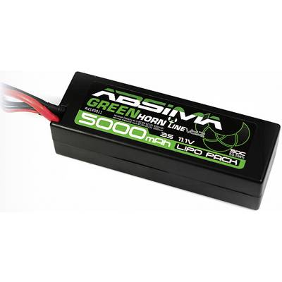 Zwarte Lithium-Polymer-accu '5000 mAh 3S 11.1V' met groene en witte tekst. Aansluitkabel met stekker links.