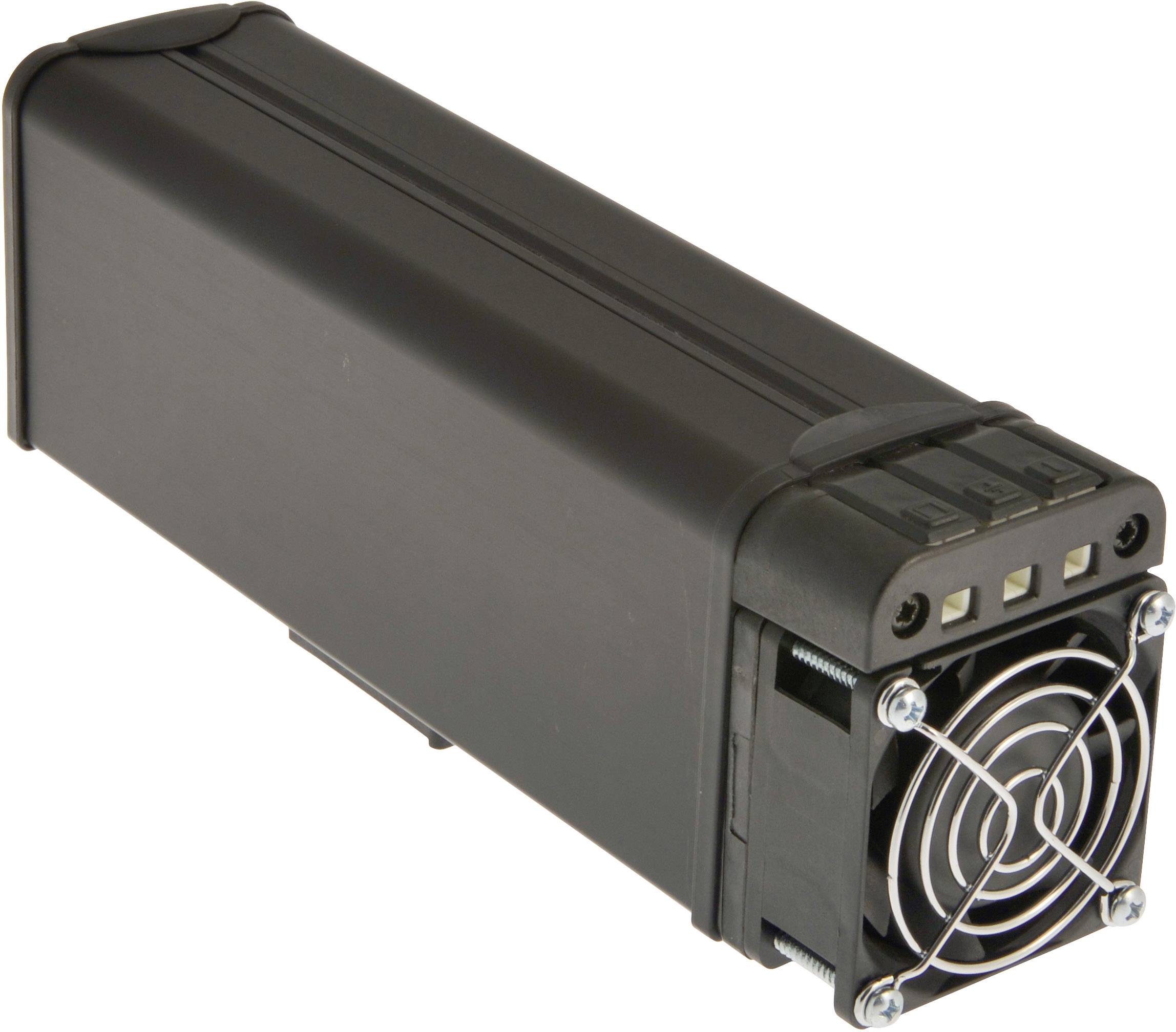 Een rechthoekig, zwart batterijmodule met een geïntegreerde ventilator aan de voorkant voor de koelelektronische componenten.