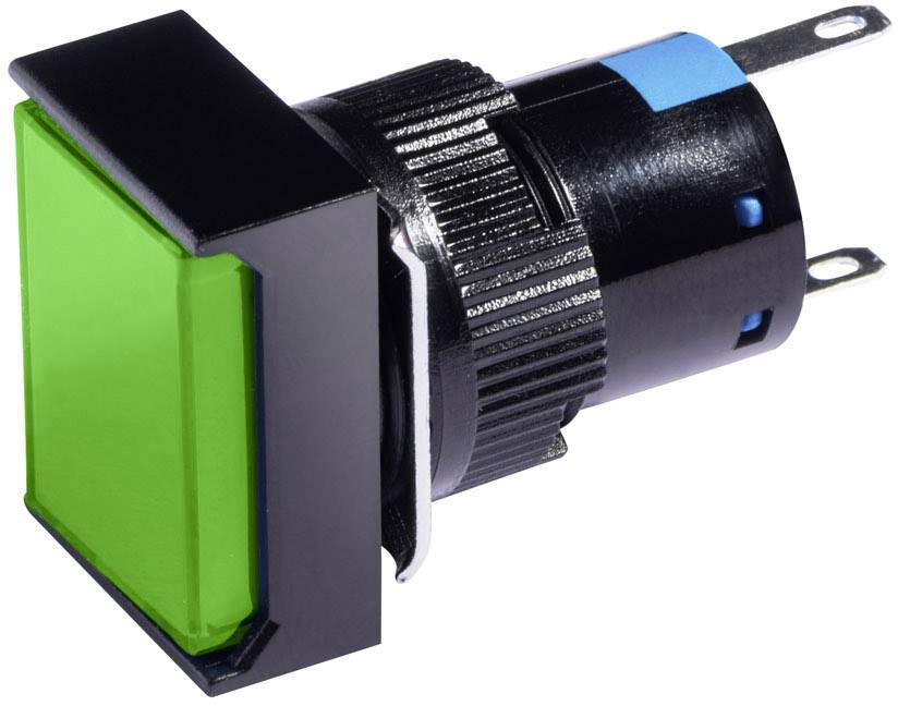 Een vierkante, groene drukknop met een zwarte behuizing en blauwe markeringen, geschikt voor elektronische apparaten.
