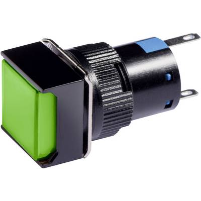 Een rechthoekige, groene drukknop met twee metalen aansluitingen en een zwarte behuizing.