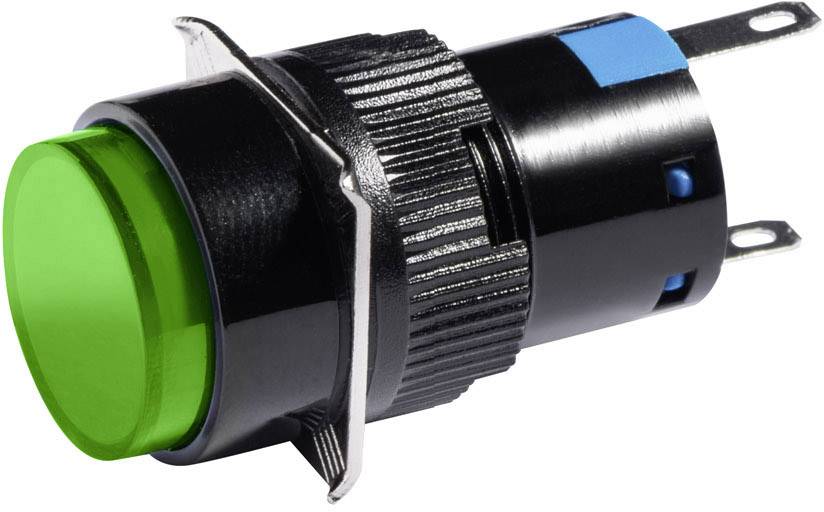 Een ronde, groene drukschakelaar met twee metalen aansluitingen; geschikt voor elektrische schakelingen en besturingssystemen.
