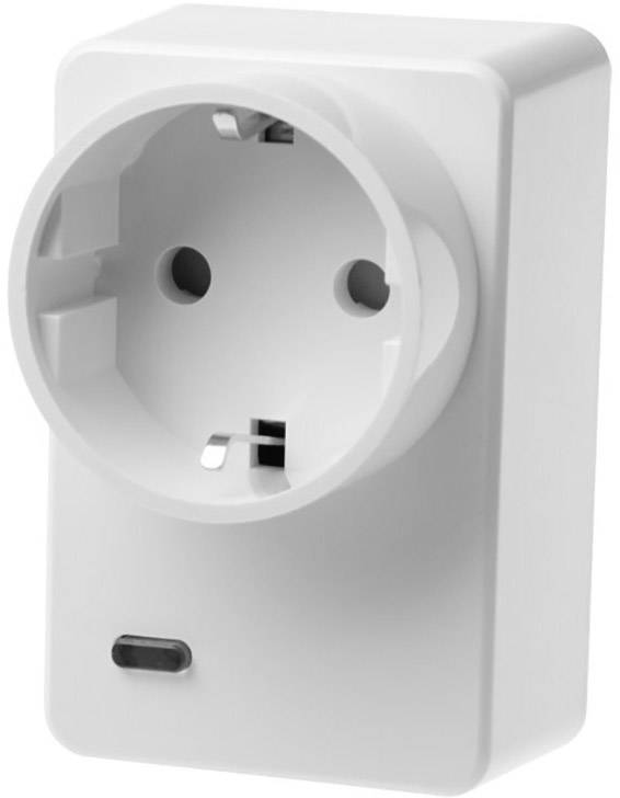 Witte slimme wandcontactdoos met aansluiting volgens EU-norm, compacte afmetingen, geschikt voor het bedienen van elektrische apparaten.