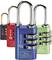 Drie hangsloten in rood, blauw en groen met nummerslot. Elk slot toont een andere nummercode.